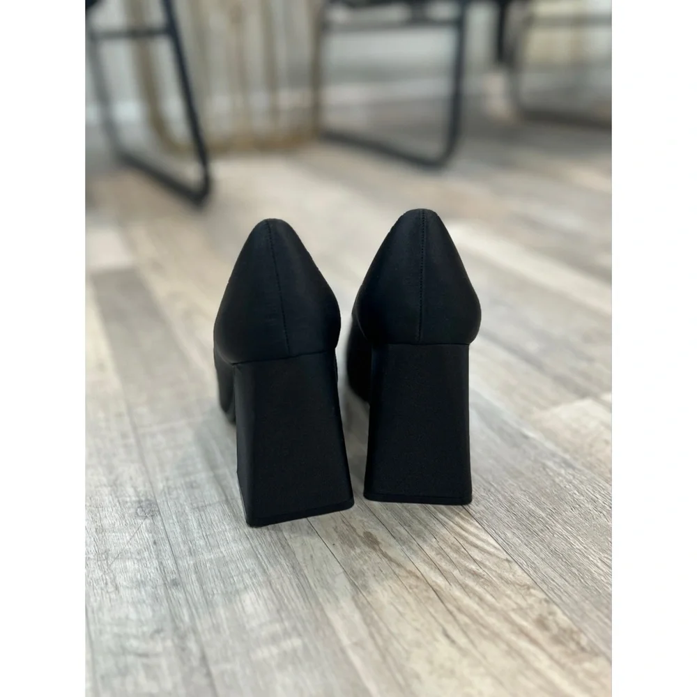 Zara Women’s Squared Toe Black Block Heel Pumps Shoes Size 39/8.5 Satin Classic - Picture 7 of 11